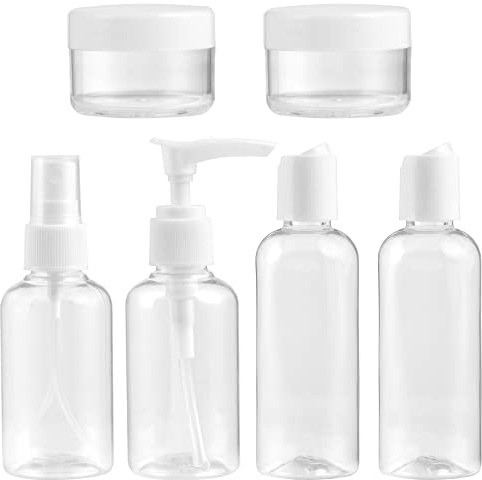 Jazooli Travel Essentials - 7pc Clear Bag & Plastic Travel Bottles for Toiletries; Refillable 100ml Travel Bottles, 75ml Spray & Pump Bottles, 20ml Jars; Holiday Toiletries Set