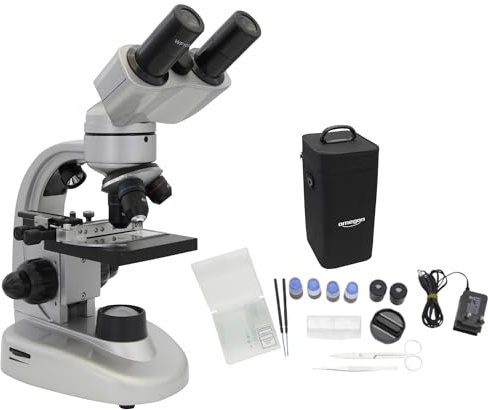 Microscope Binofield Omegon, 40x-800x, LED | Observations précises avec Vision binoculaire | pour l'école et Les Loisirs | Nombreux Accessoires Inclus | Microscope à lumière réfléchie et transmise