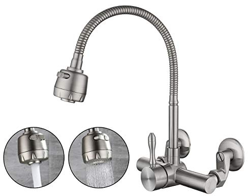 SJQKA-grifo Cocina Pared,Material De Acero Inoxidable 304 De Grado Alimenticio,Grifo De Cocina Montaje En Pared Con Giratorio 360°,Fría Distancia De 6.3-24cm Entre Dos Orifícios