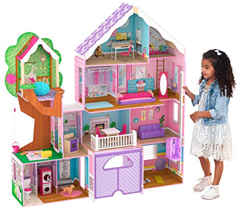 KidKraft Treehouse Retreat Casa de Muñecas de Madera con Muebles y Accesorios, Casita de Juguete con Perro, Garaje y Ascensor para muñecas de 30 cm, Juguetes niños y niñas Desde 3 años (10108)