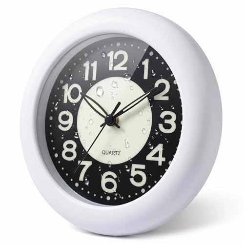 LXSZRPH Shower Clock Luminous Bathroom Wall Clock, Waterproof for Water Spray, Battery Powered, Non Ticking Silent Analog Clocks for Bedroom Livingroom Babyroom (White)
