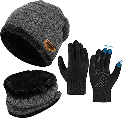 Kinder Wintermütze Schal Touchscreen Set - Beanie Strickmütze Winterschal Thermo | Fleecefutter Warme Knit Hut Loop Rutschfeste Handschuhe | für Junge Mädch 5-10 Jahre