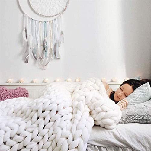 Riyueyi Gestrickte Decke Grob Kuscheldecke Grobe Strickdecke Wolle Garn Super große handgewebte Decke Haustier Bett Stuhl Sofa,Weiß,150x180cm/59x70in
