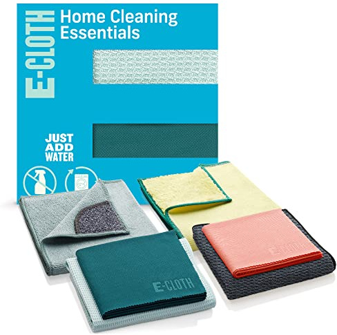 E-Cloth 6-pc Home Cleaning Essentials, Contains Multiple Microfiber Cleaning Cloths for a Streak-Free Clean Glass, Window, Kitchen, Dust, Granite, and Marble, 100 Wash Promise