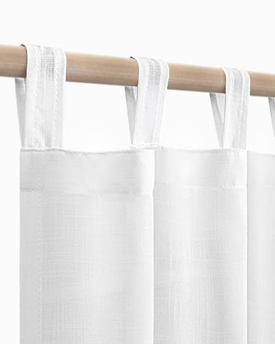 KOUFALL White Linen Sheer Curtains 84 Inches Long, Tab Top Tie Loop Boho Farmhouse Cotton Curtains for Bedroom Living Room 2 Panels