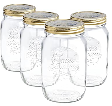 Bormioli Rocco 4x Clear 1.5L Quattro Stagioni Glass Preserving Jars - Airtight Screw Lids Storage Canning Mason Jam Preserve Container Set
