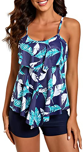 FLYILY Maillot de Bain 2 Pièces Femme Tankini Ensembles à Volants Maillot Haut Imprimé avec Short de Garçon Maillots de Bain Grande Taille(NavyLeaf,M)