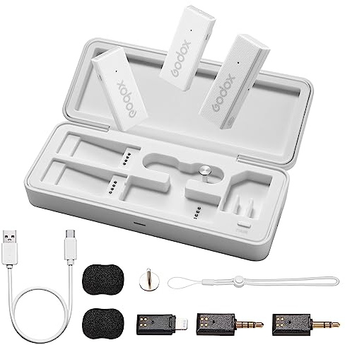 GODOX Movelink Mini LT Kit 2 trådlöst lavalier mikrofonsystem, 2,4 GHz 100 m (328 fot) Trådlös mikrofon med laddningsfodral för iPhone, Lightning, kameror Vlogging, TikTok, intervjuer (vit)