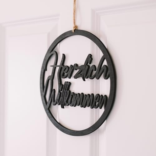 Willkommensschild I Herzlich Willkommen Türhänger I Innenbereich I ganzjährig (24cm Holz Schwarz, Ohne Trockenblumen)