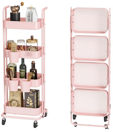 DTK Rollwagen mit 4 Ebenen, zusammenklappbar, aus Metall, mit feststellbaren Rädern, zusammenklappbarer Aufbewahrungswagen für Wohnzimmer, Küche, Bad, Schlafzimmer und Büro, Rosa