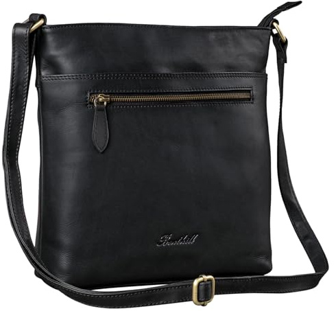Benthill Damen Umhängetasche Leder - Tasche aus echtem Rindsleder - Handtasche mit Reißverschluss - Schultertasche/Ledertasche - Vintage Shopper, Farbe:Schwarz