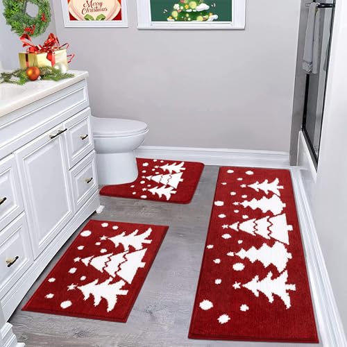 Enyhom Tappeti Bagno Natalizio 3 Pezzi, Morbido Tappeto Doccia in Microfibra, Assorbente Tappetino Bagno Antiscivolo, Lavabile in Lavatrice, Tappetino Bagno e Tappetini per il Bagno, Piedistallo Wc
