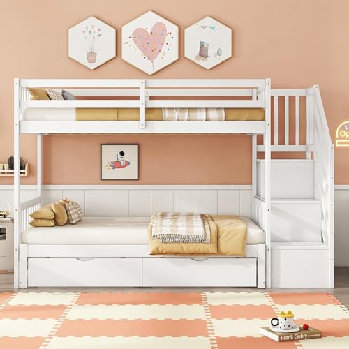 Idemon Litera 90 x 200 cm, cama nido con somier (sin colchón), escalones almacenables, dos cajones, madera de pino, minimalista, color blanco
