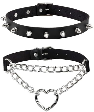 2PCS Vintage Gothic Punk Black Studded Leather Choker Necklace - Adjustable PU Leather for Women and Men