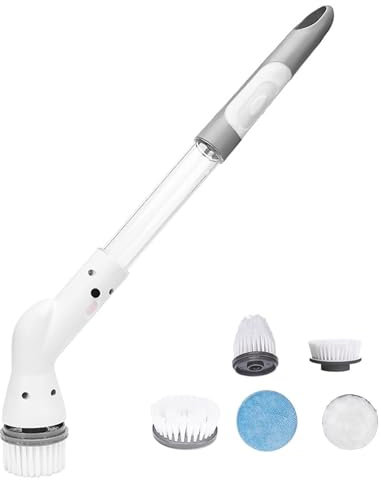 AZIDWERYQ Electric Spin Scrubber Long Handled Cleaning Brush with 5 Attachments Bathroom Cleaning Brush Cordless Power Scrubber for Showers, Sinks and Surfaces(White) Bathroom Tile Cleaner