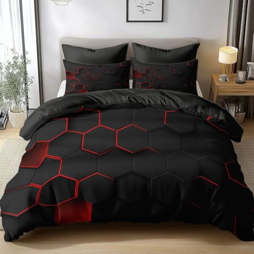Bettwäsche 180x200cm Geometrische Waben Schwarz Und Rot Polyester Baumwolle Bettbezug 3 Teilig, Atmungsaktiv Hautfreundlich Bettwäsche Set mit Reißverschluss and 2 Kissenbezüge