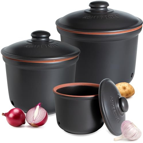 Romertopf Frische-Topf 3er Set - Knoblauch, Zwiebel und Kartoffel Aufbewahrungsbox Keramik - Atmungsaktiver Ton hält Gemüse länger frisch - Schwarz