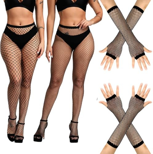 FENQURO 2 PCS Collants Résille Femme et 2 paires de gants extensibles en résille, collant resille noir, Sexy Élastique Collants, Taille Haute Filets Bas Résille, Cuisse Haut Bas Collants
