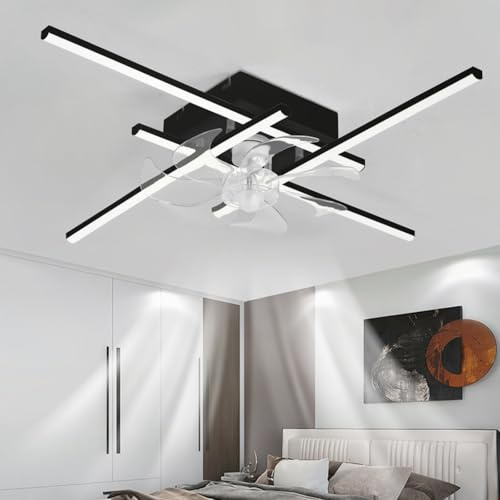 33in Ceiling Fans With Lights and Remote Control Silent Reversible LED Fan Light Dimmable 6 Speed Dc Fan Ceiling Light Large White Smart Modern Indoor For Bedroom, Living Room, Lounge-Black||85cm