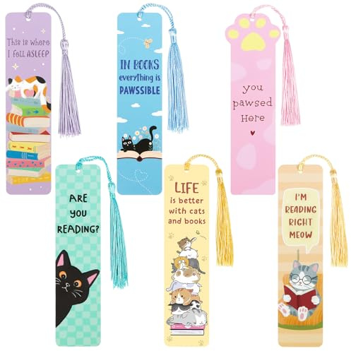 BETESSIN Katze Lesezeichen Kinder - 6x Papier Lesezeichen mit Sprüchen & Quasten - Kleine Geschenke für Schüler, Buchliebhaber, Katzenliebhaber, Schultüte Füllen Ideen, Mitgebsel Kindergeburtstag