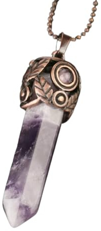 BXSEEF Natural crystal stone pendant red antique copper hexagonal column energy pendant(Amethyst Chain)