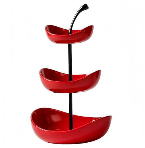 GUASDIE Doppelschichtiges Obsttablett 3-stufige Keramik-Obstschale Mehrschichtige Keramik-Servierschalen mit Metallständer, Serviertablett für Snacks, Nüsse, Kuchen,Rot,3 Tier
