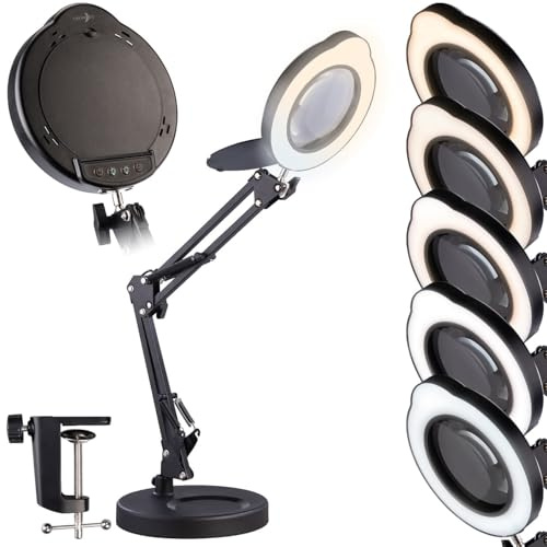 Lunartec Lupenlampe: LED-Lupenleuchte, 10-Fach, CCT, 500 lm, dimmbar, Tischklemme/Standfuß (Tischlupe, Leuchtlupe, Schwanenhals)