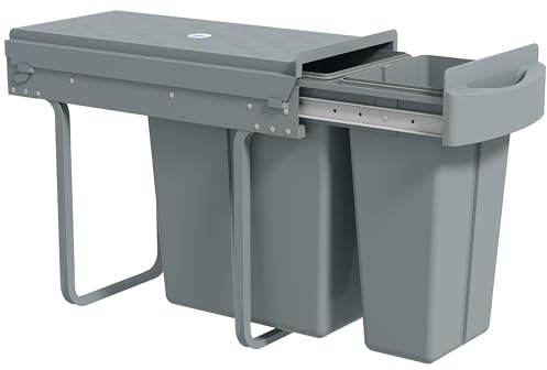 HOMCOM Cubo de Basura bajo Fregadero, Cubo de Basura Cocina, 2 Contenedores de Reciclaje Extraíble, 20L+10L, Deslizamiento Suave, Asa, Tapa con Patrón de Diamante, Gris
