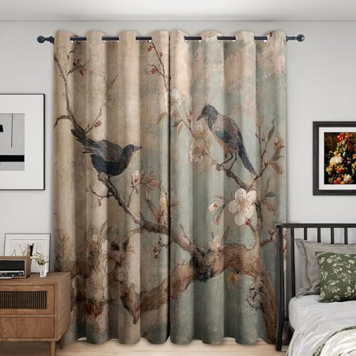 Generisch Blickdichte Vorhänge Vogel Blumen Motiv, Verdunklungsvorhänge mit Ösen H 245 x B 140, 2er Set, Vintage Gardinen Wohnzimmer Schlafzimmer Deko, Thermovorhang H96