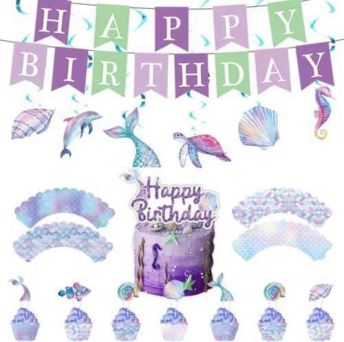Mermaids Party Tableware Set For Kids Birthday Celebration Paper Gift Boxes Bags Hanging Swirls Banners Cake Toppers Theme Party Set