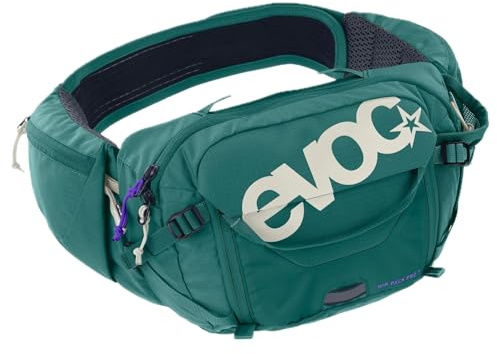EVOC Hip Pack Pro 3 + Hydration Bladder 1,5, riñonera (Air Flow Contact System, cinturón Lumbar Aero Flex, Incluye Bolsa de hidratación de 1,5 l y portabotellas, Talla única), Bottle Green