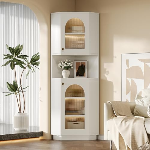 Mielvu Badschrank mit Lichtleiste, Badmöbel, Eckschrank mit Zwei Ablagefächern, offenes Fach mit verstellbaren Einlegeböden, 45x 45 x 166,5 cm (weiß)