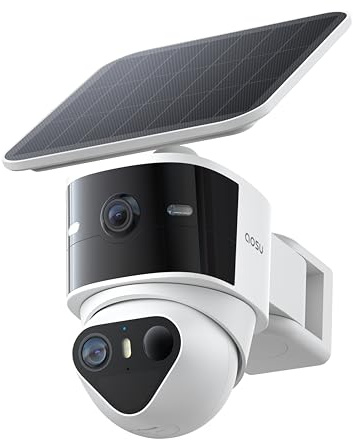 AOSU T2 Pro 3K Camera Surveillance WiFi Exterieure Sans Fil Solaire, Double Caméra 5MP 360° PTZ + 170° Grand Angle Sans Angle Mort, Zoom 8X Vision Nocturne TrueColor, Détection IA et Suivi Automatique