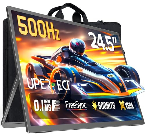 UPERFECT 24.5'' Portable Monitor 500Hz 600 Nits Second Screen for Laptop/PC | 0.1ms Ultra-Fast Portable Gaming Monitor for Console, FreeSync HDR Large External Display w/USB-C/HDMI, Kickstand & VESA