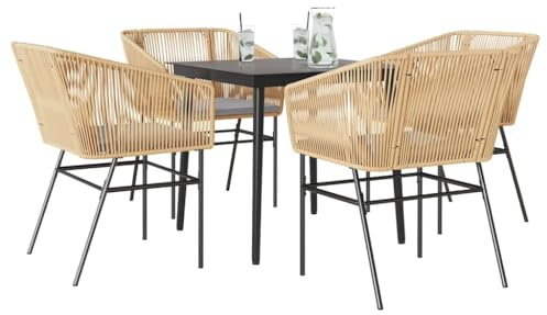 Mokuyary Grupo de comedor de jardín de 5 piezas con cojín, color marrón, poliratán de vidrio, muebles de jardín, comedor, comedor, resistente a la intemperie, balcón, terraza, 80 x 80 x 74 cm