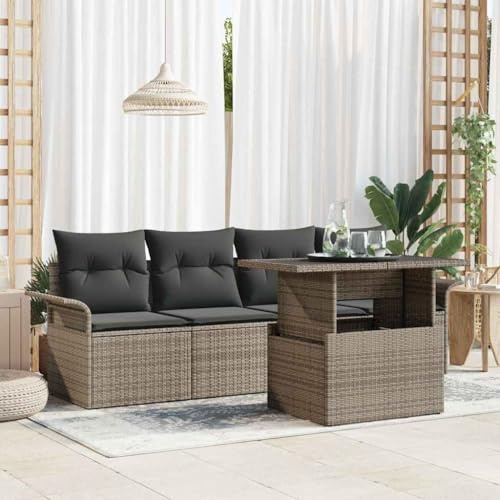 GeenYuu Gartensofa-Set Grau Poly Rattan mit Kissen und Stauraum, 5-teiliges modular Lounge-Set für Garten Terrasse Balkon, wetterfestes Outdoor Möbel mit Tisch und Polstern