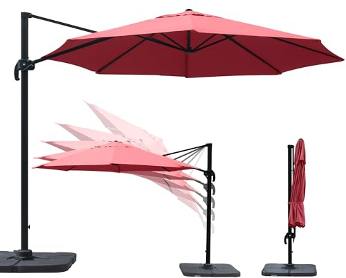 paramondo parapenda Sonnenschirm Ampelschirm aus 230 g/㎡ Polyesterfaser, Rund, Ø 3,5 m, 360° Schwenkbar, Kurbelbedienung, Weinrot, Stahl-Standkreuz und Gestell in Anthrazit, 20.6kg