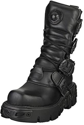 New Rock M.391-S18 Mettalic svarta läderstövlar, Svart, 45 EU
