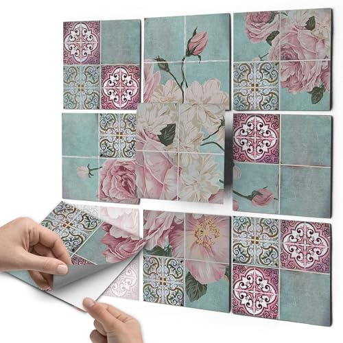 Fliesen zum Aufkleben - CREATISTO Fliesensticker u. Klebefliesen I Fliesenaufkleber Küchenfliesen Klebefolie Fliesen - Deko Bad u. Küche Wandfliesen I 15x15 cm - Motiv Durch die Blume - 9 Stück