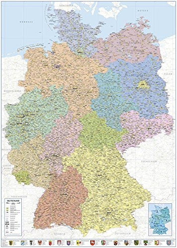 Politische Landkarte Deutschland - XXL DIN B0 - Deutschlandkarte 100x140 cm - Premium Poster mit PLZ, Bundesländern, Einwohnerzahlen - 1:660.000