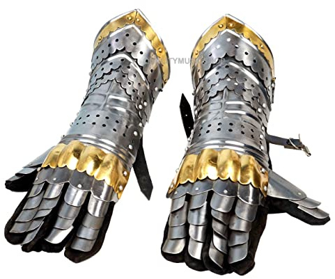 QUALITYMUSICSHOP Armor-Paar, Messing-Akzente, Stulpenhandschuhe, Mittelalter, Kreuzritt, Stahl