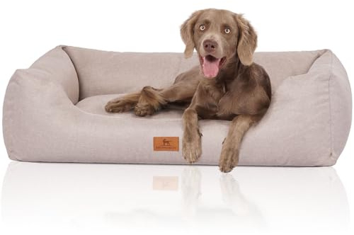 Knuffelwuff Hundebett Emma aus Velours mit feinem Handwebcharakter in Pastellfarben XXL 120 x 85cm Beige - Abnehmbarer Bezug - leicht zu reinigen - für große, mittelgroße und kleine Hunde