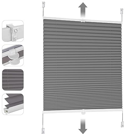 Sekey Plissee ohne Bohren Verdunkelung, Fenster Plissee Klemmfix Jalousie 70 cm breit, Verspannt Blickdicht Sonnenschutz Fensterollo, 70x100cm, Grau