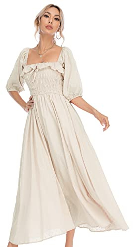 R.Vivimos Donne Abito Casual Bohémien Mezza Manica Scollo Quadrato Vestito Lungo Midi Elegante da Spiaggia(XL,Beige)