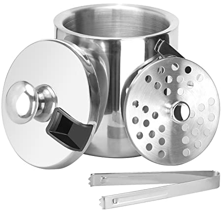 Sunmeyke Doppelwandiger isolierter Eiskübel aus Edelstahl (1,3 Liter), Mini-Eiskübel für Cocktailbar und Partys, mit Deckelsieb und Zange