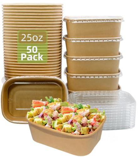 ganfaner 25oz Kraft Paper Bowl w/Snug Lids 750ml, 50 Sets Disposable Meal Prep Food Container Microwave Safe, Paper Salad Bowls with Lids As Bento Box for Lunch Party Leftover