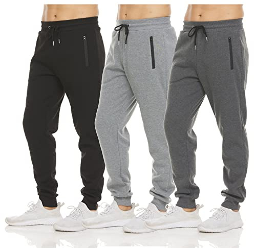 PURE CHAMP Mens Sweatpants 3 Pack Fleece Active Athletic Workout Jogger Sweatpants for Men with Zipper Pocket Size S-3XL (Large, Set 1)