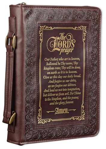 Christian Art Gifts Klassische Bibel- und Buchhülle für Männer und Frauen: Das Vaterunser – Matthäus 6:9-13 Inspirierende Schrift Tragetasche Zubehör mit Taschen, Walnussbraun & Burgunderrot mit Gold,