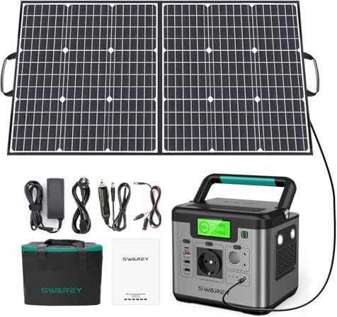 SWAREY Générateur Electrique Portable 518Wh avec Panneau solaire pliable en 2 sections, Batterie Externe 220V Sortir AC/USB/Type-C/QC 3.0