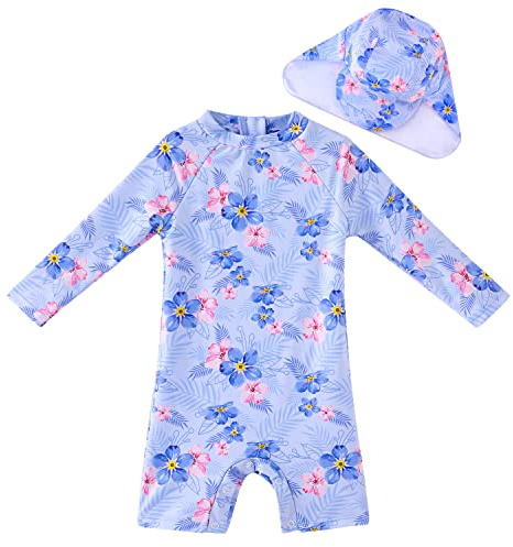 UMELOK Baby Badeanzug mit Sonnenhut UV Schutz Badebekleidung Blumen, lila/rot 9-12 Monate/74-80cm